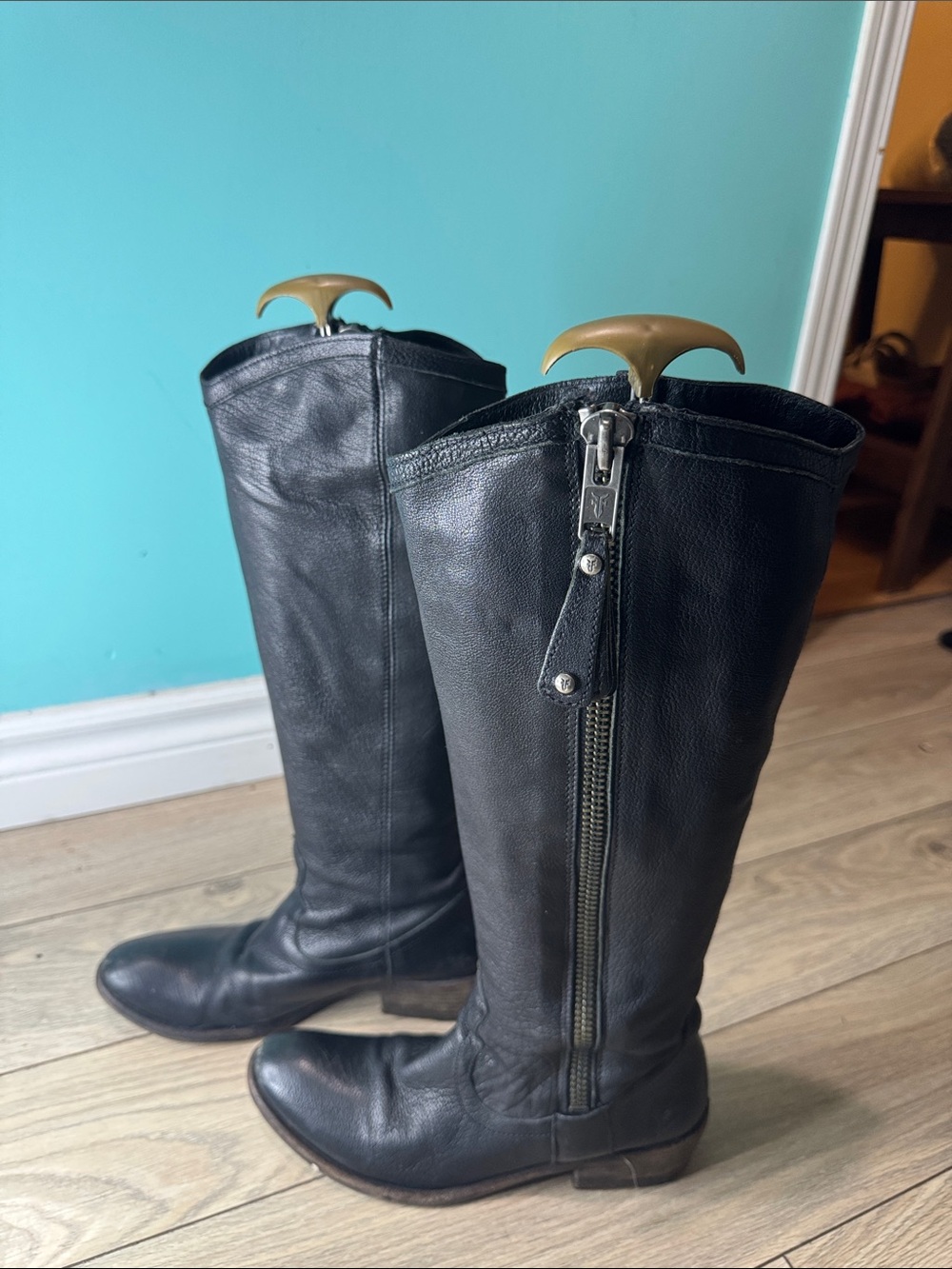 Frye Black Leather Knee-High Riding Boots with Side Zip